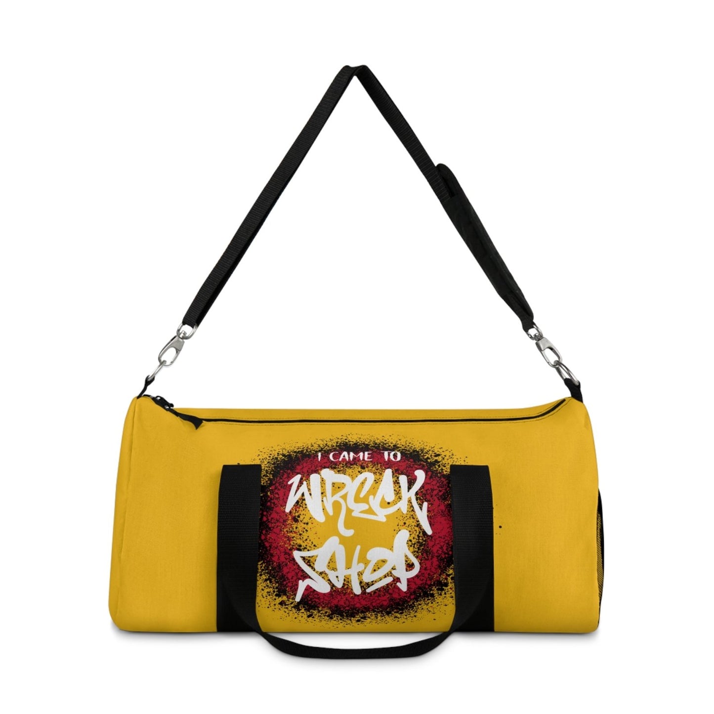Yellow Duffel Bag with I Came to Wreck Shop Text and Graffiti Design, Motivational and Hip Hop - Inspired | US - Ohhh So Swag