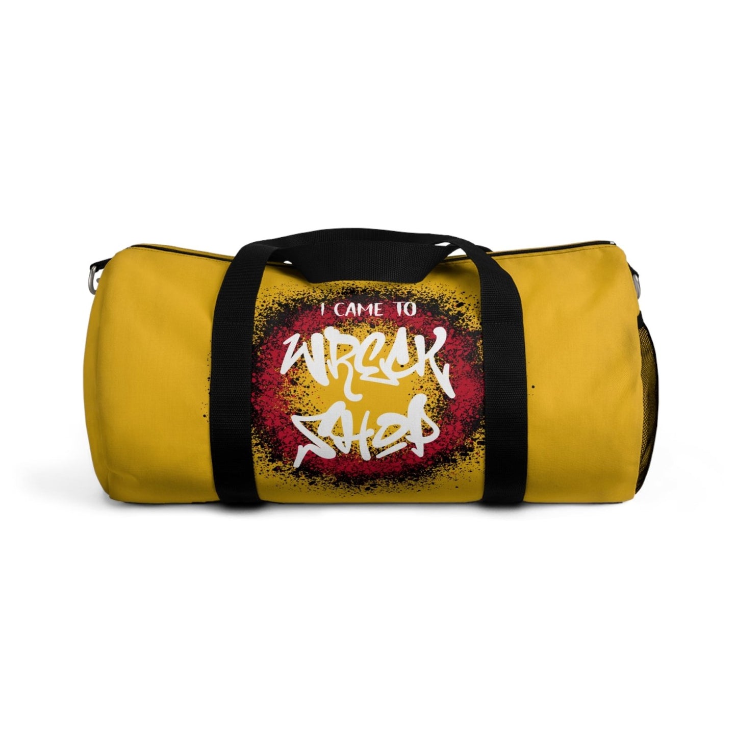 Yellow Duffel Bag with I Came to Wreck Shop Text and Graffiti Design, Motivational and Hip Hop - Inspired | US - Ohhh So Swag