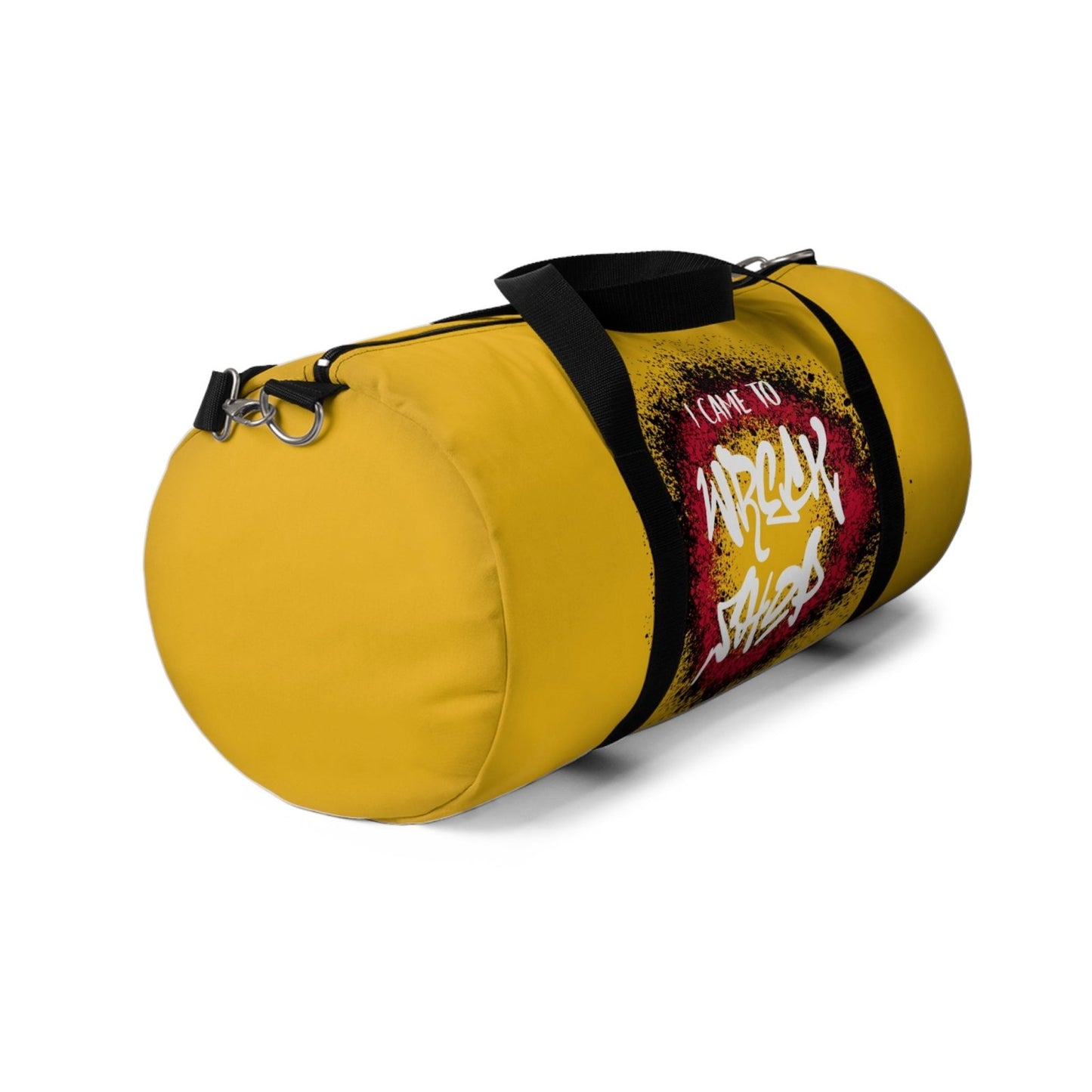 Yellow Duffel Bag with I Came to Wreck Shop Text and Graffiti Design, Motivational and Hip Hop - Inspired | US - Ohhh So Swag