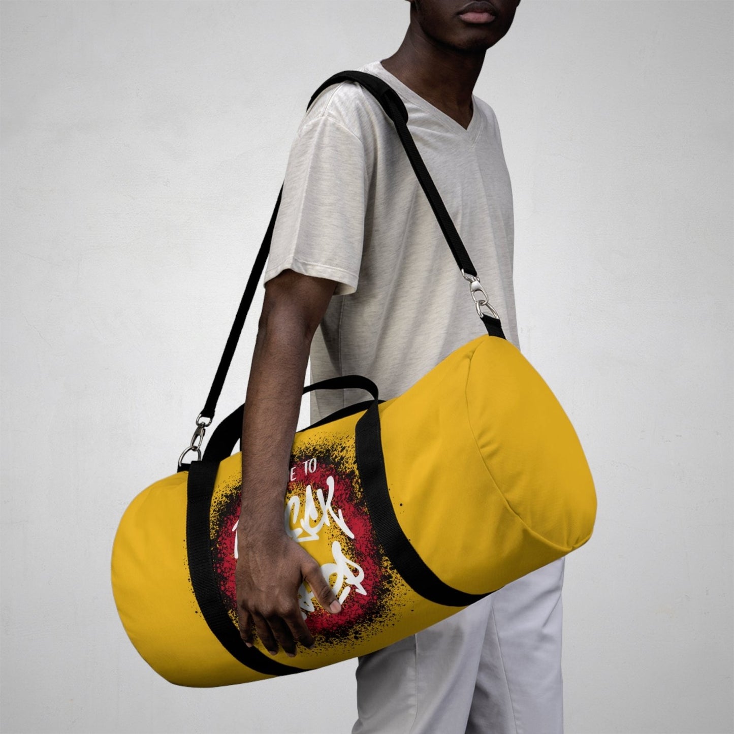 Yellow Duffel Bag with I Came to Wreck Shop Text and Graffiti Design, Motivational and Hip Hop - Inspired | US - Ohhh So Swag