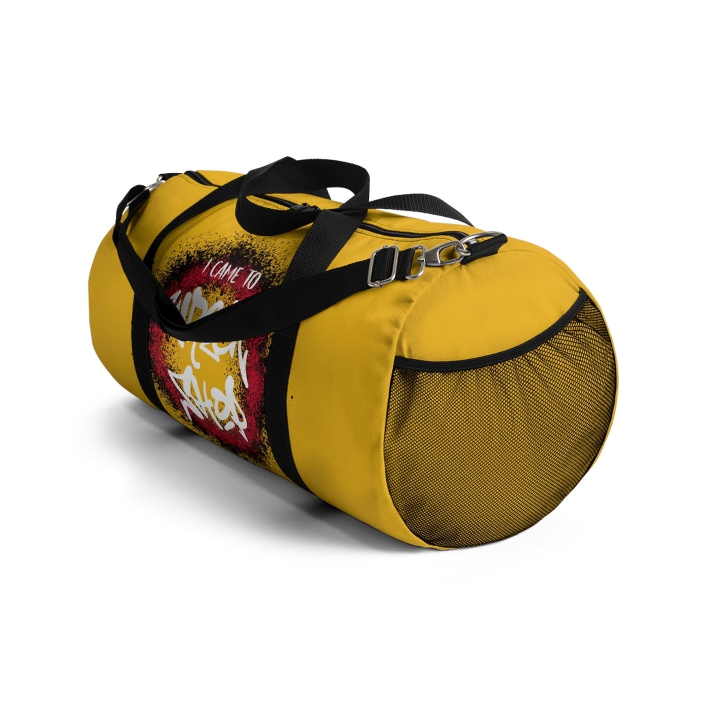 Yellow Duffel Bag with I Came to Wreck Shop Text and Graffiti Design, Motivational and Hip Hop - Inspired | US - Ohhh So Swag