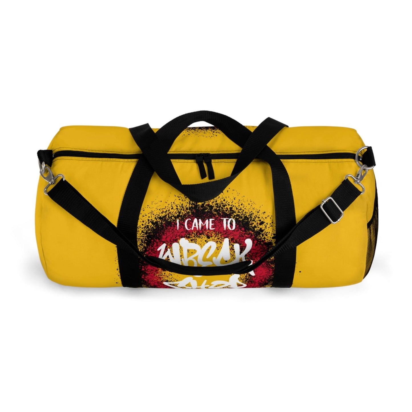 Yellow Duffel Bag with I Came to Wreck Shop Text and Graffiti Design, Motivational and Hip Hop - Inspired | US - Ohhh So Swag