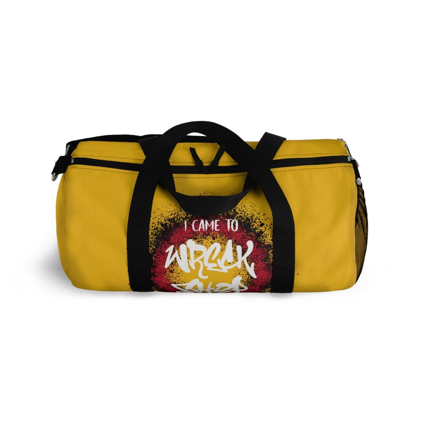 Yellow Duffel Bag with I Came to Wreck Shop Text and Graffiti Design, Motivational and Hip Hop - Inspired | US - Ohhh So Swag