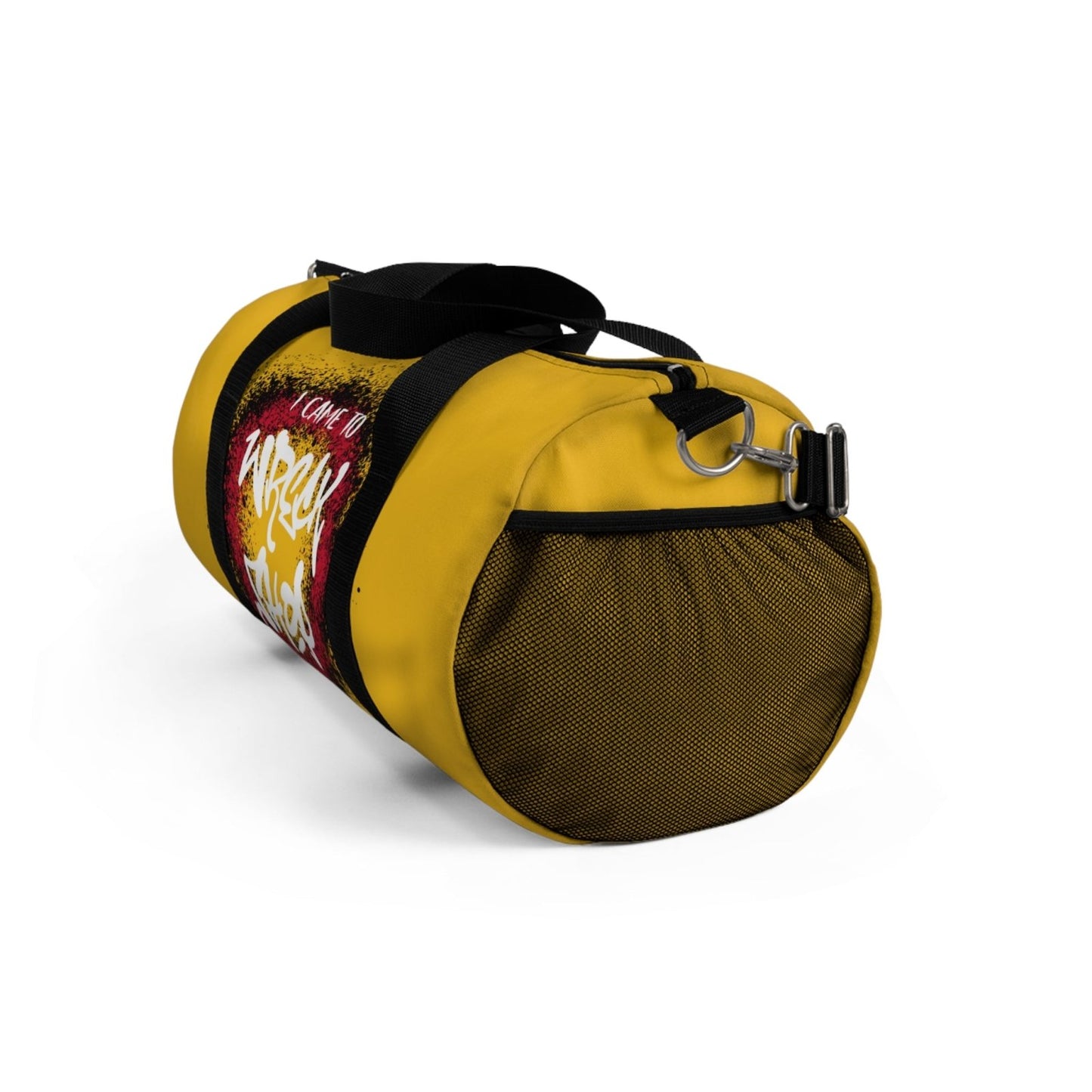 Yellow Duffel Bag with I Came to Wreck Shop Text and Graffiti Design, Motivational and Hip Hop - Inspired | US - Ohhh So Swag