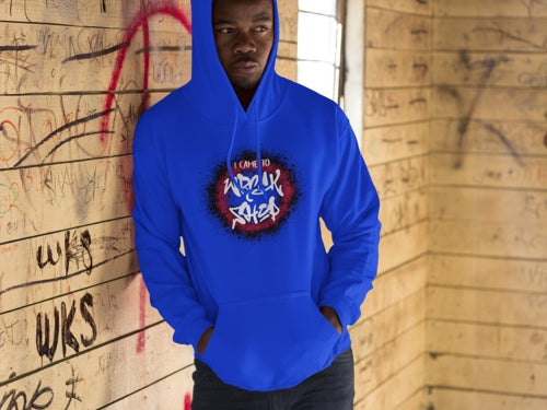 Royal-Blue-Wreck-Shop-Pullover-Hoodie-on-Black-Man-with-Graffiti-Walls-in-Background