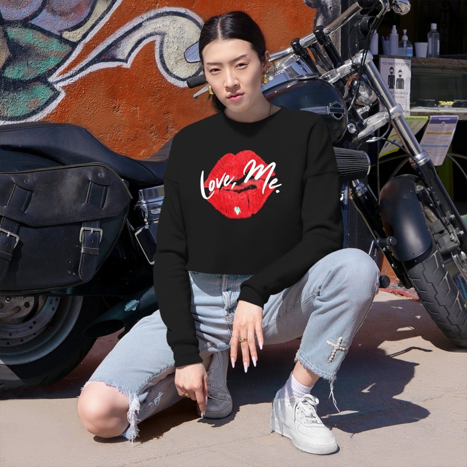 Trendy-Woman-in-Front-of-Motorcycle-in-Love-Me-Crop-Top-with-Green-Heart