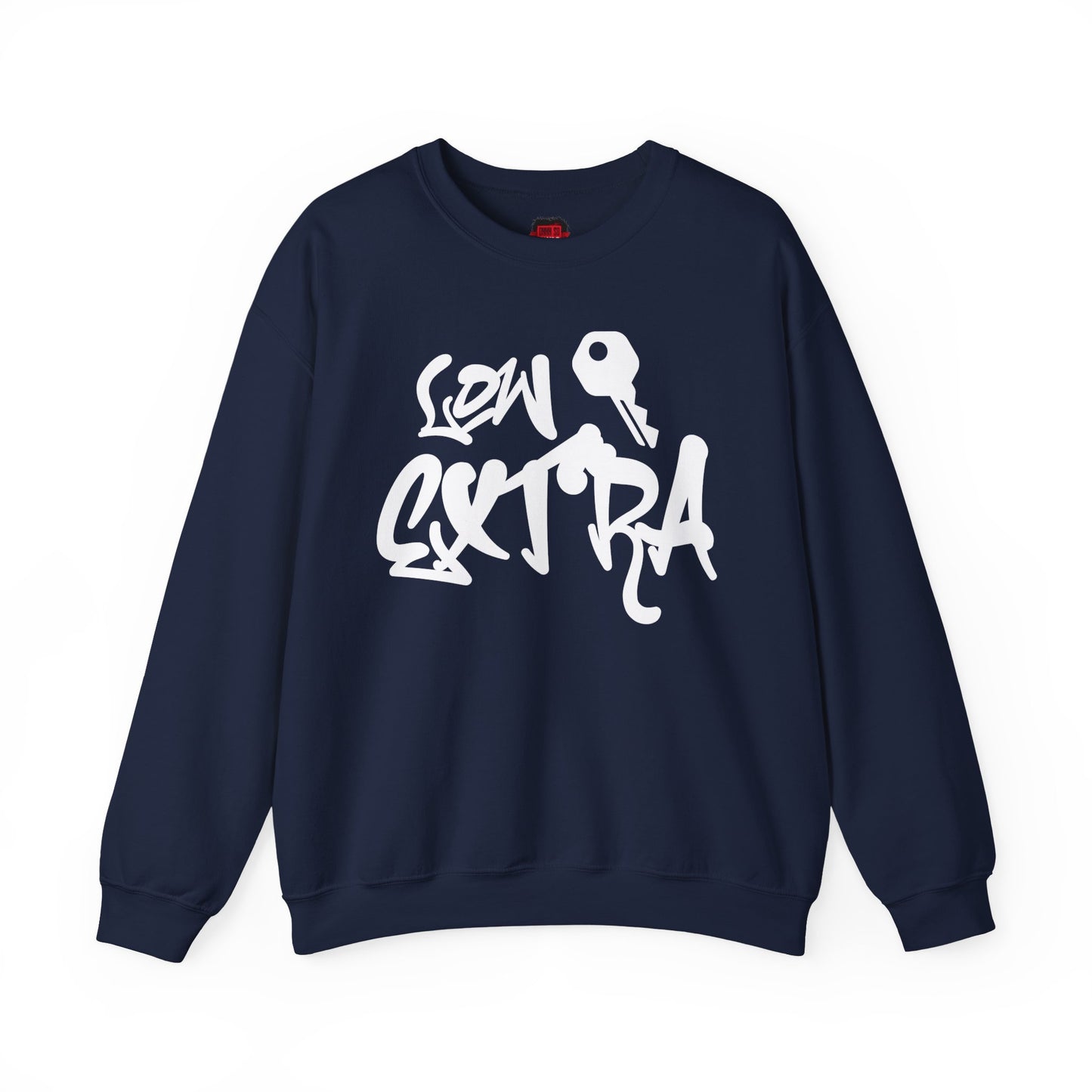 Front view of navy blue Lowkey Extra crewneck sweatshirt on a white background | Ohhh So Swag