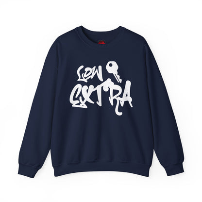 Front view of navy blue Lowkey Extra crewneck sweatshirt on a white background | Ohhh So Swag