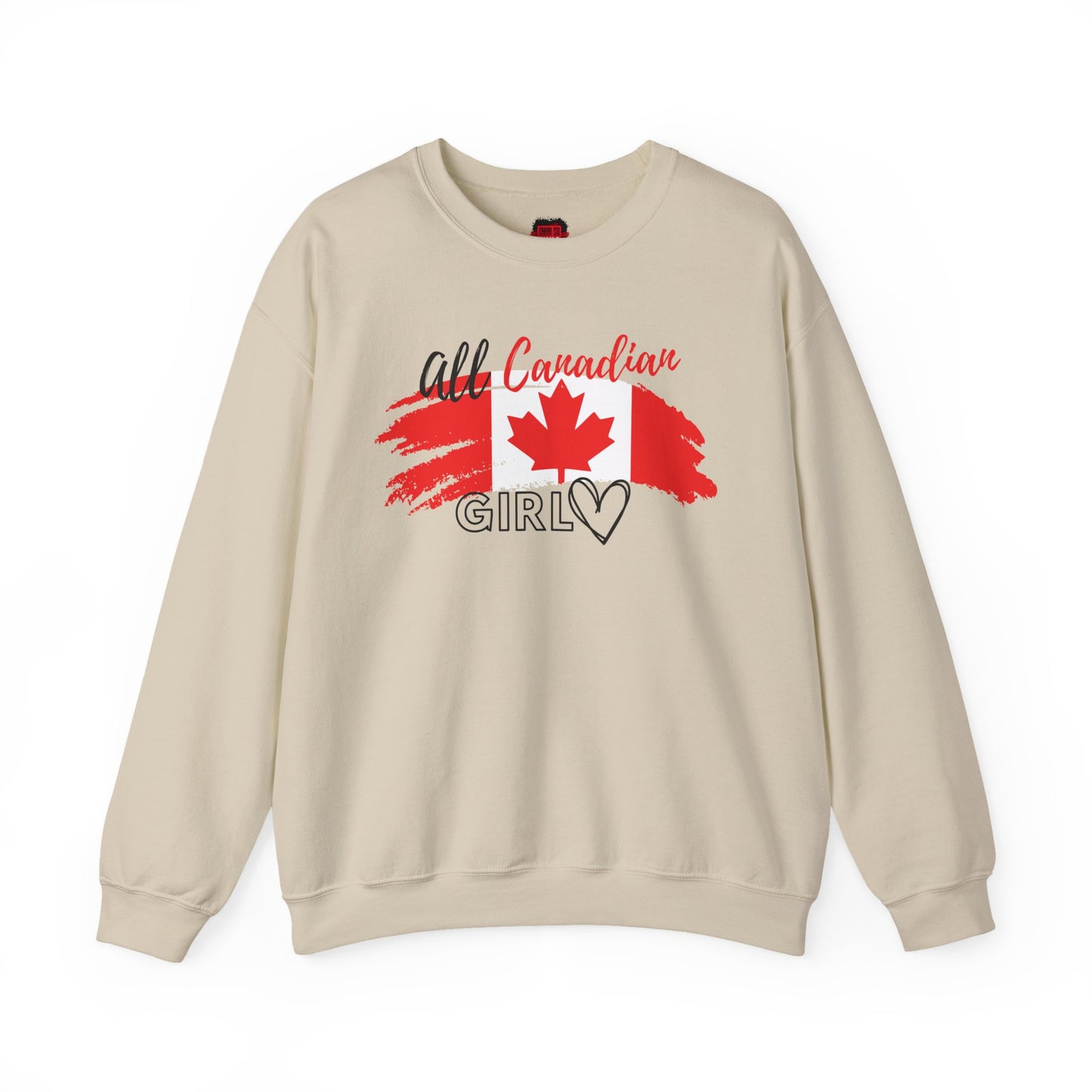 Front view of sand colour Canada sweatshirt for women with All Canadian Girl text and Canadian flag | Ohhh So Swag