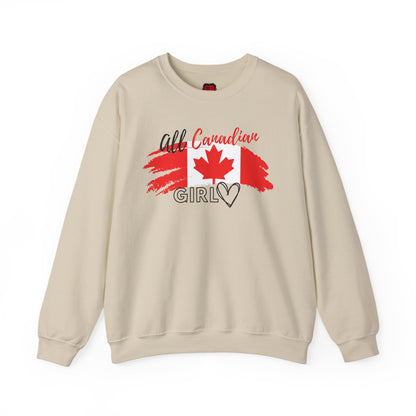 Front view of sand colour Canada sweatshirt for women with All Canadian Girl text and Canadian flag | Ohhh So Swag