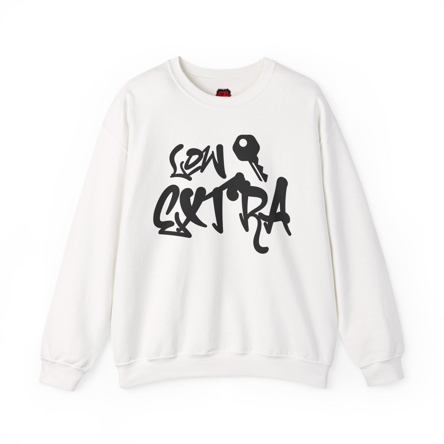 Front view of white crewneck sweatshirt with Lowkey Extra text | Ohhh So Swag