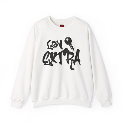 Front view of white crewneck sweatshirt with Lowkey Extra text | Ohhh So Swag