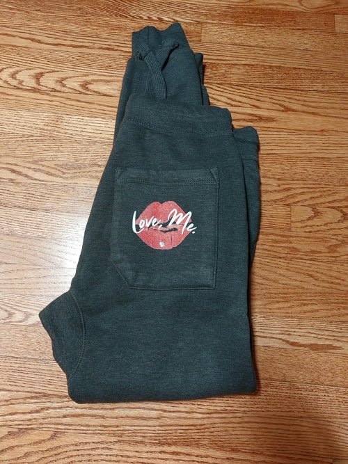 Black Premium Fleece Joggers, Red Kiss Lips, Green Heart, White Font – Love, Me. | US - Ohhh So Swag