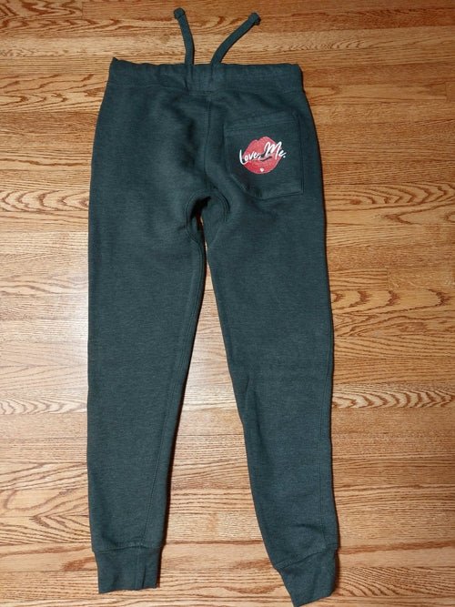 Black Premium Fleece Joggers, Red Kiss Lips, Green Heart, White Font – Love, Me. | US - Ohhh So Swag