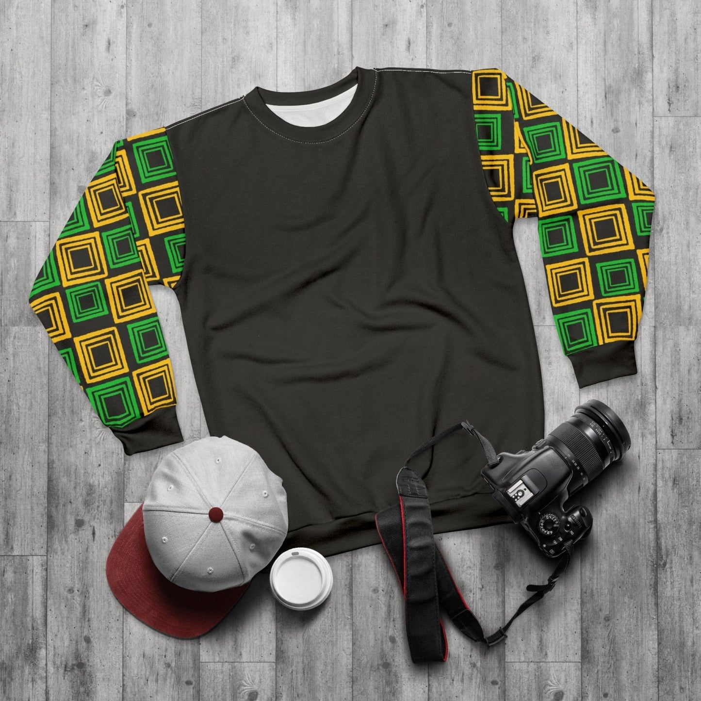 Black Sweatshirt, Geometric Print Sleeves with Jamaica Colours – J.A. Squared | US - Ohhh So Swag