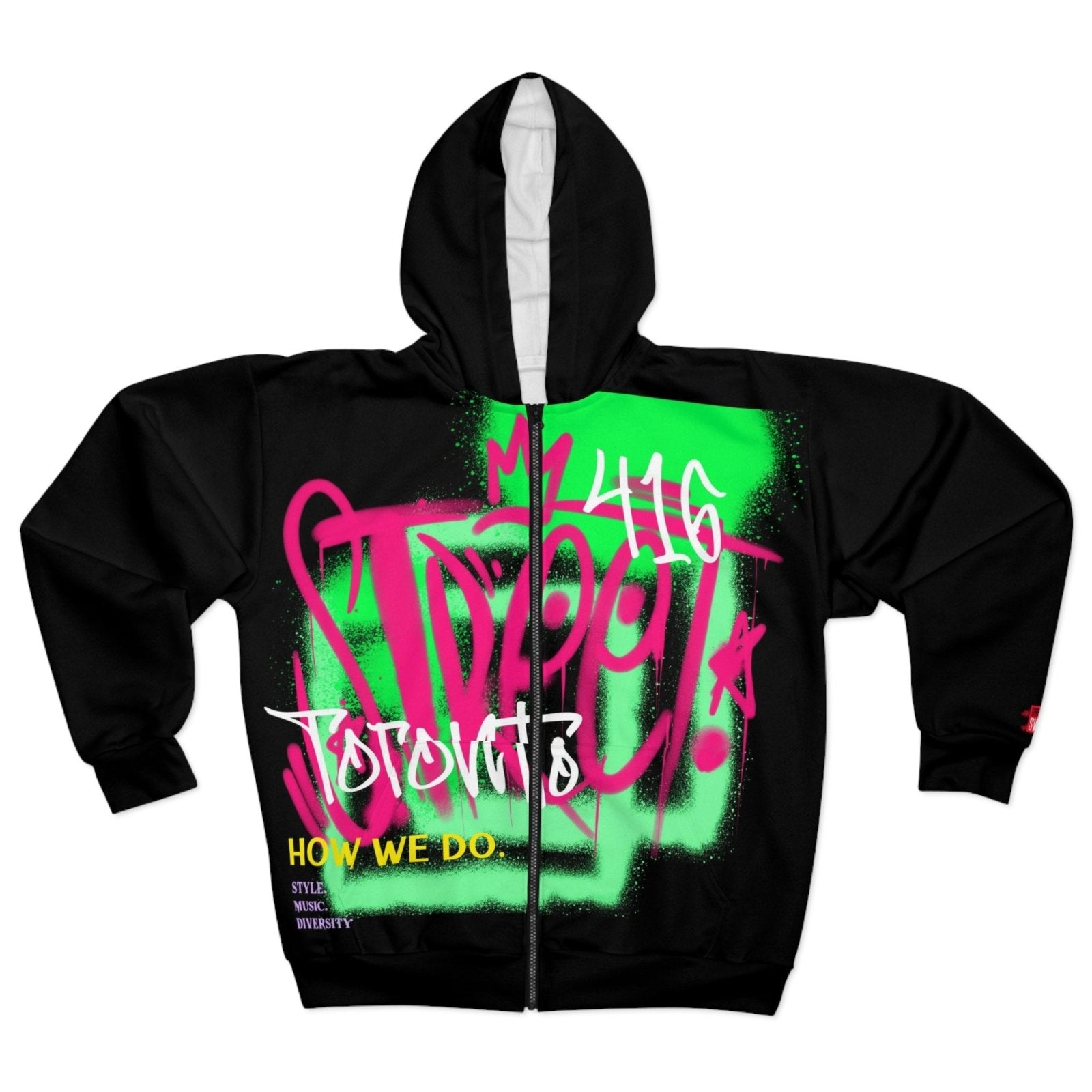 Black Unisex Streetwear Zip Hoodie (Bold Chest Print) - Toronto How We Do Style. Music. Diversity. | US - Ohhh So Swag