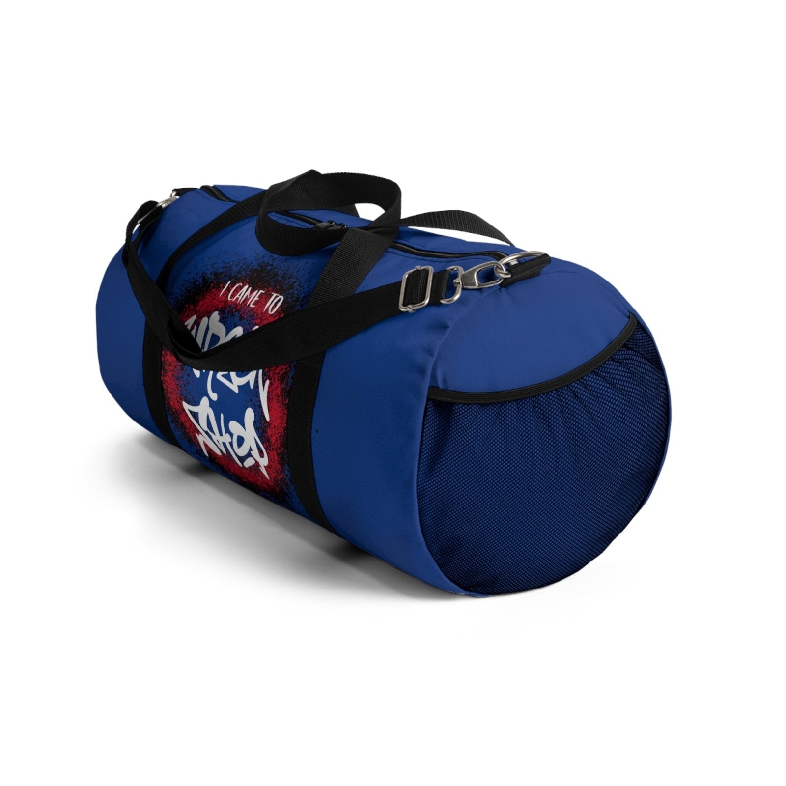 Blue Duffel Bag with I Came to Wreck Shop Text and Graffiti Design, Motivational and Hip Hop - Inspired | US - Ohhh So Swag