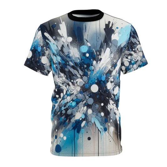 Blue Paint Splatter Crew Neck T-Shirt, Abstract Paint Splash Unisex Graphic Tee, Perfect for Art Lovers and Creative Minds | US - Ohhh So Swag