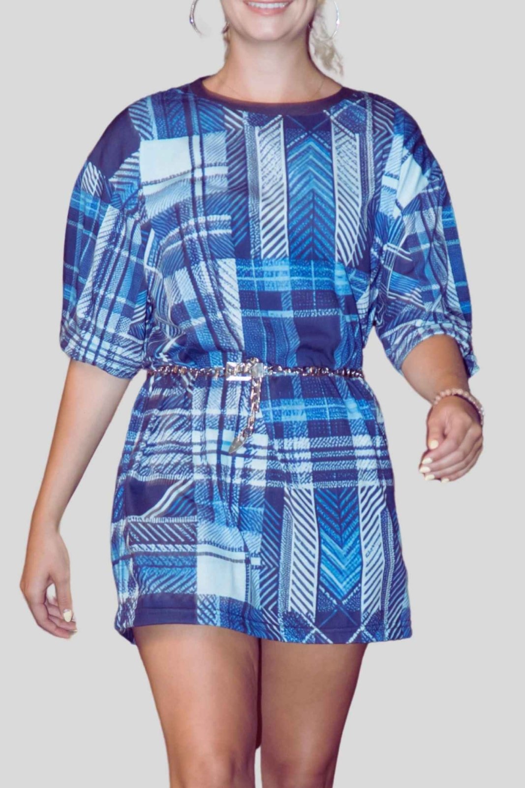 Blue Plaid Casual Short Sleeve Crew Neck T-Shirt for Men Women, Unisex All Over Print Color Block Tartan Blue Top | US - Ohhh So Swag