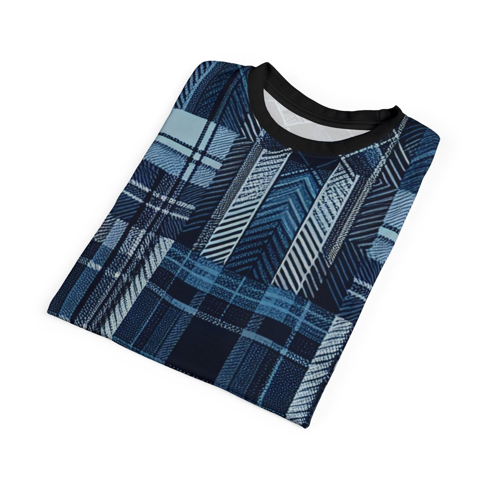 Blue Plaid Casual Short Sleeve Crew Neck T-Shirt for Men Women, Unisex All Over Print Color Block Tartan Blue Top | US - Ohhh So Swag