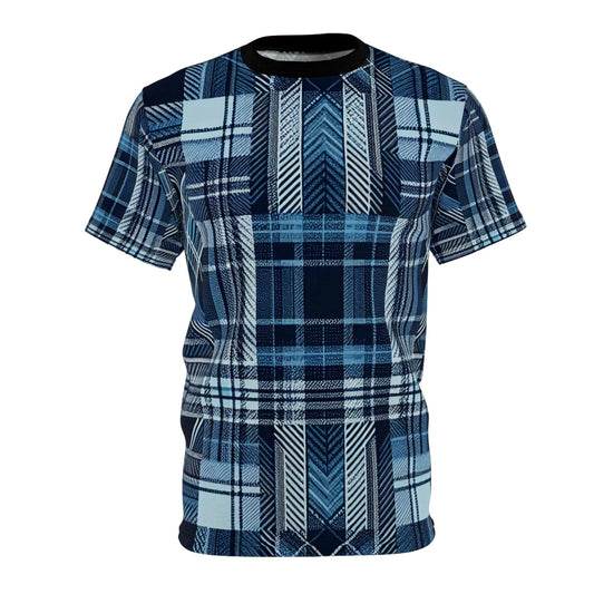 Blue Plaid Casual Short Sleeve Crew Neck T-Shirt for Men Women, Unisex All Over Print Color Block Tartan Blue Top | US - Ohhh So Swag