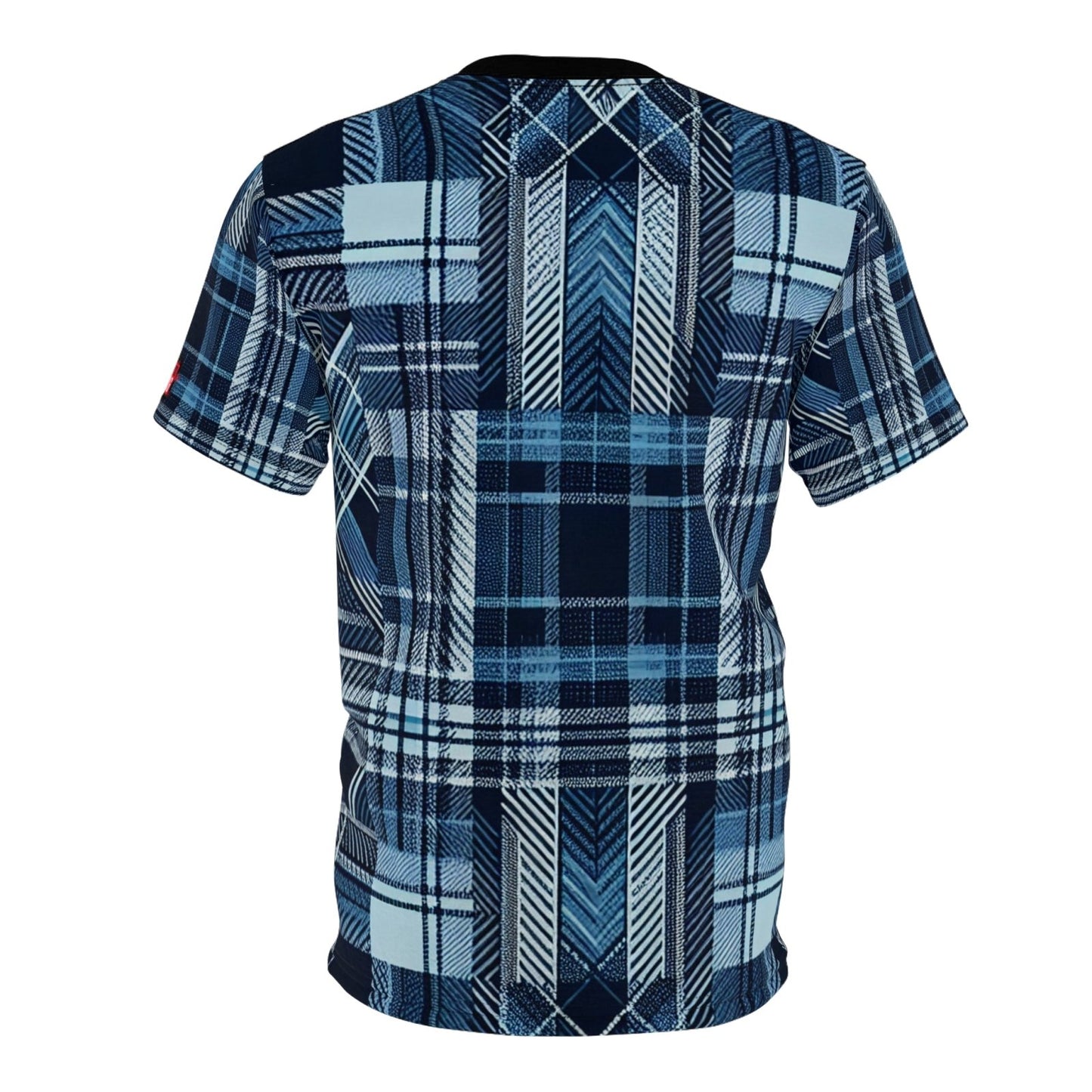 Blue Plaid Casual Short Sleeve Crew Neck T-Shirt for Men Women, Unisex All Over Print Color Block Tartan Blue Top | US - Ohhh So Swag