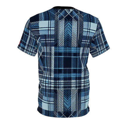 Blue Plaid Casual Short Sleeve Crew Neck T-Shirt for Men Women, Unisex All Over Print Color Block Tartan Blue Top | US - Ohhh So Swag