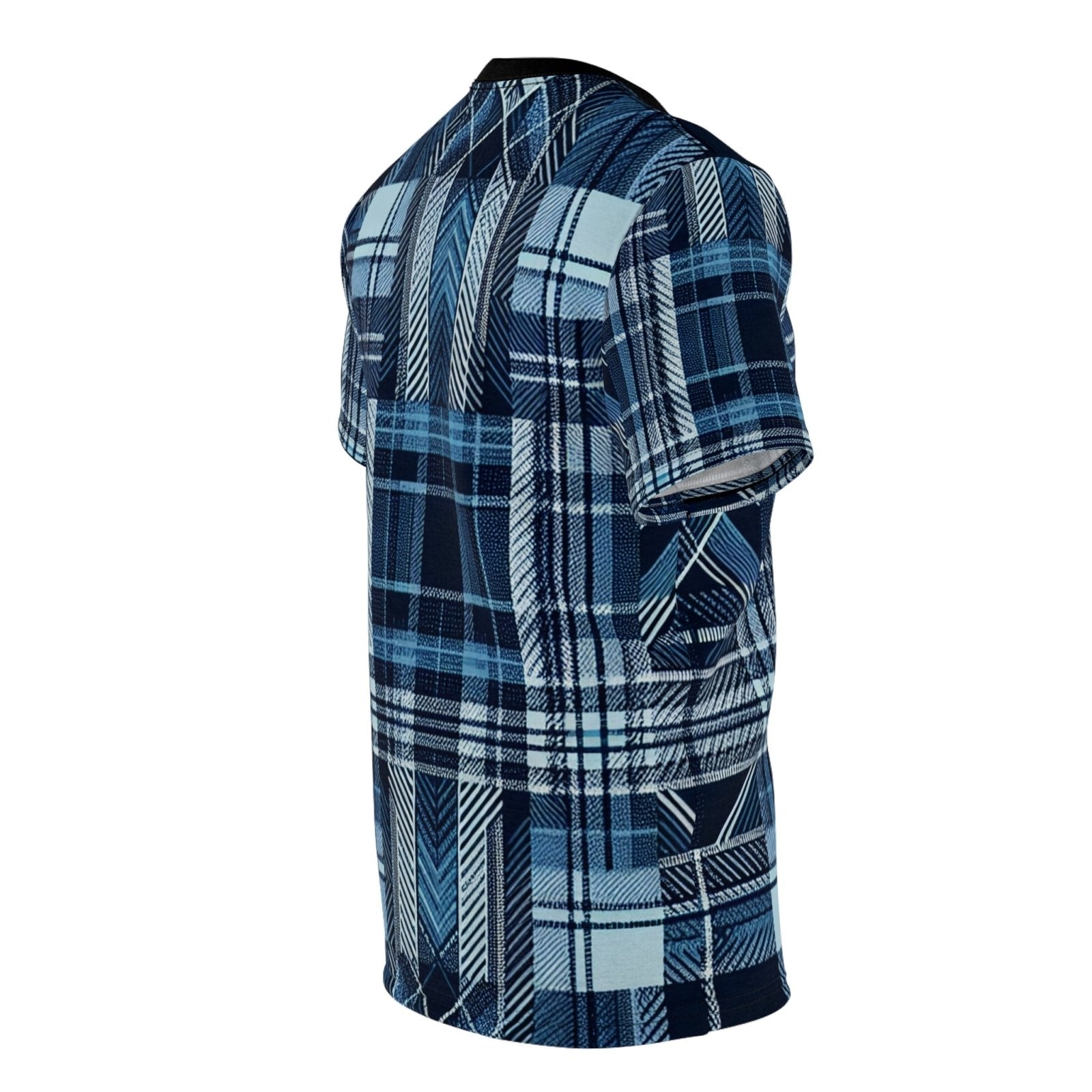 Blue Plaid Casual Short Sleeve Crew Neck T-Shirt for Men Women, Unisex All Over Print Color Block Tartan Blue Top | US - Ohhh So Swag