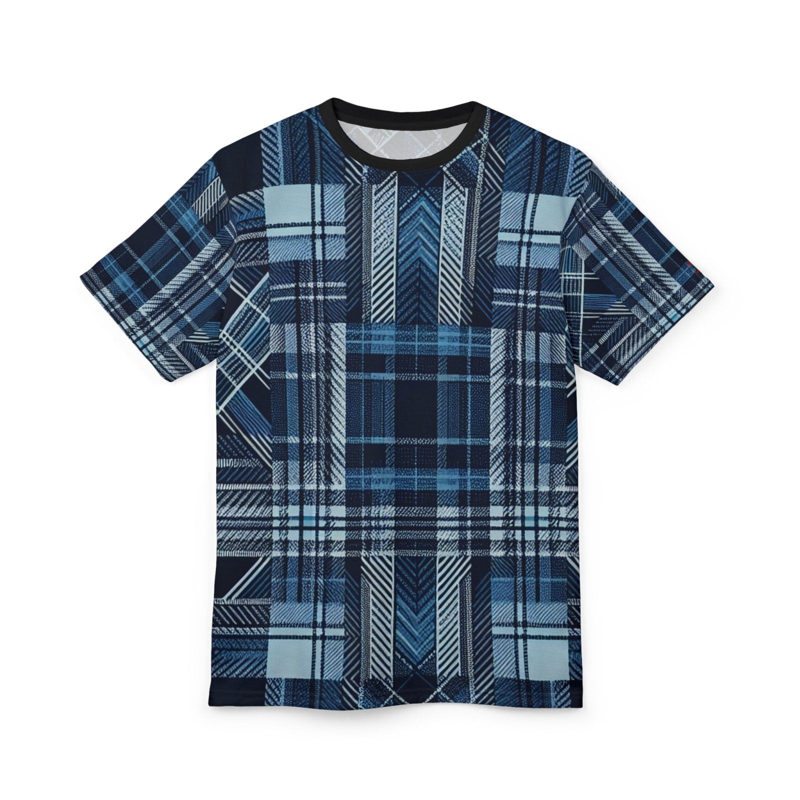 Blue Plaid Casual Short Sleeve Crew Neck T-Shirt for Men Women, Unisex All Over Print Color Block Tartan Blue Top | US - Ohhh So Swag