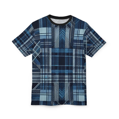Blue Plaid Casual Short Sleeve Crew Neck T-Shirt for Men Women, Unisex All Over Print Color Block Tartan Blue Top | US - Ohhh So Swag