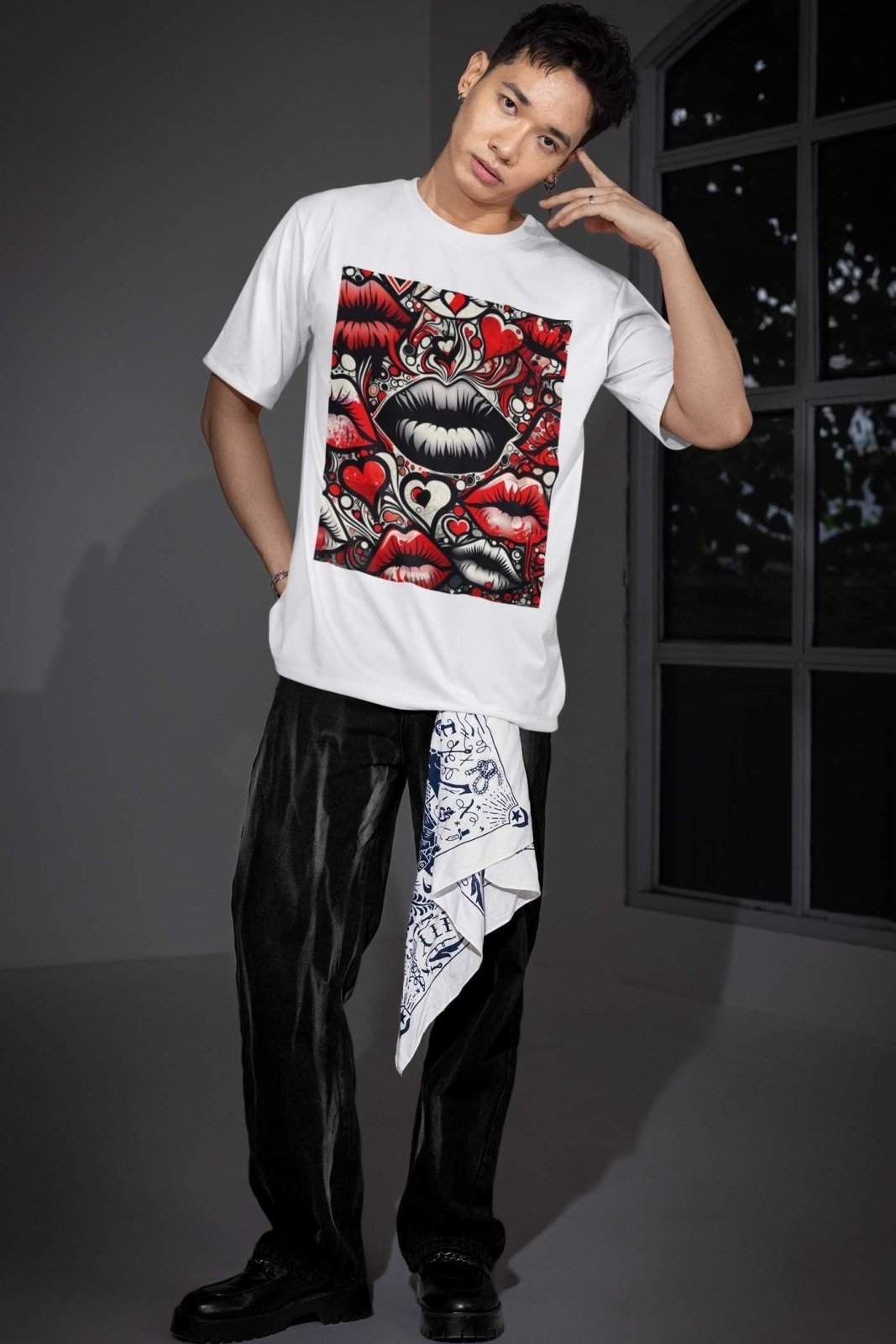 Bold Lips and Hearts Graphic Tee, Flirty Love Themed Unisex Short Sleeve Crew Neck T-Shirt, Trendy Unisex Kisses Valentines Shirt | US - Ohhh So Swag