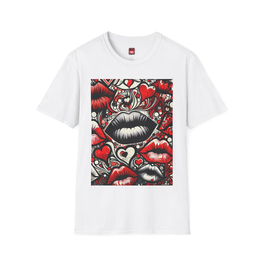 Bold Lips and Hearts Graphic Tee, Flirty Love Themed Unisex Short Sleeve Crew Neck T-Shirt, Trendy Unisex Kisses Valentines Shirt | US - Ohhh So Swag