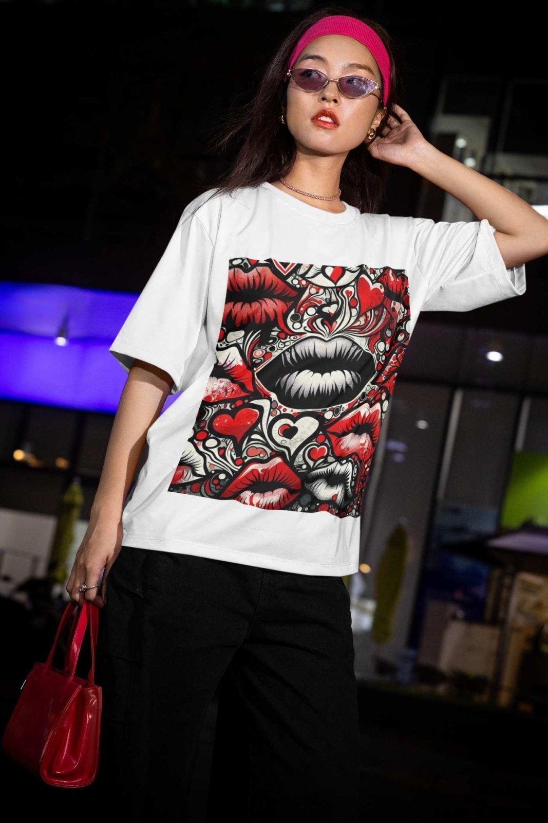 Bold Lips and Hearts Graphic Tee, Flirty Love Themed Unisex Short Sleeve Crew Neck T-Shirt, Trendy Unisex Kisses Valentines Shirt | US - Ohhh So Swag