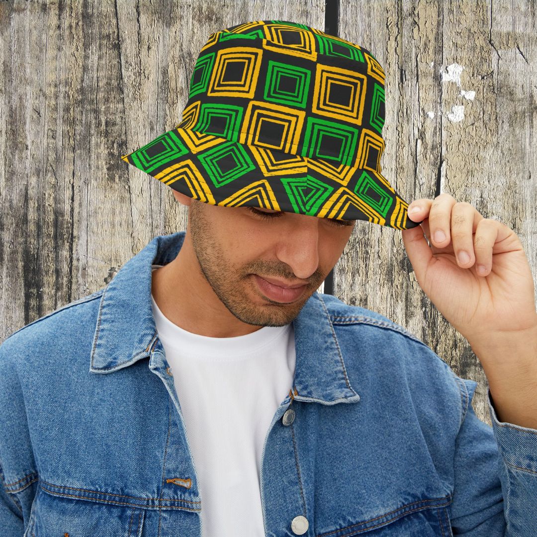 Bucket Hat with Square Pattern with Jamaica Colours - J.A. Squared | US - Ohhh So Swag