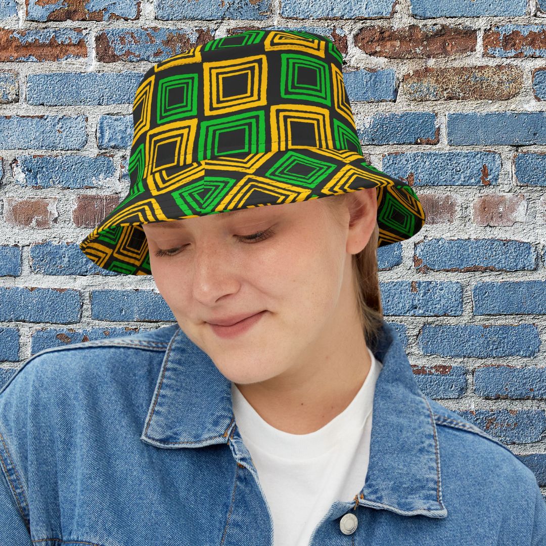 Bucket Hat with Square Pattern with Jamaica Colours - J.A. Squared | US - Ohhh So Swag