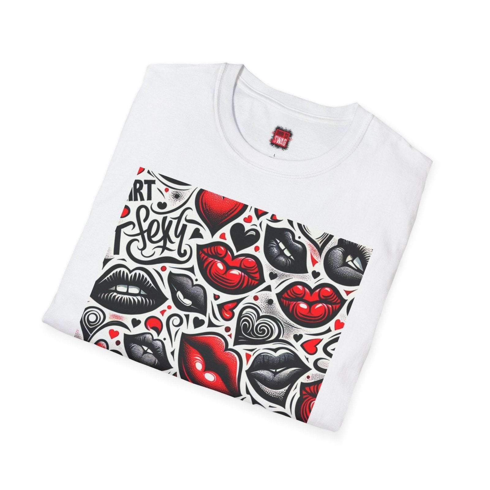 Casual Crewneck Black and Red Lips Shirt with Hearts, Sexy Flirt Lips T-Shirt | CA - Ohhh So Swag
