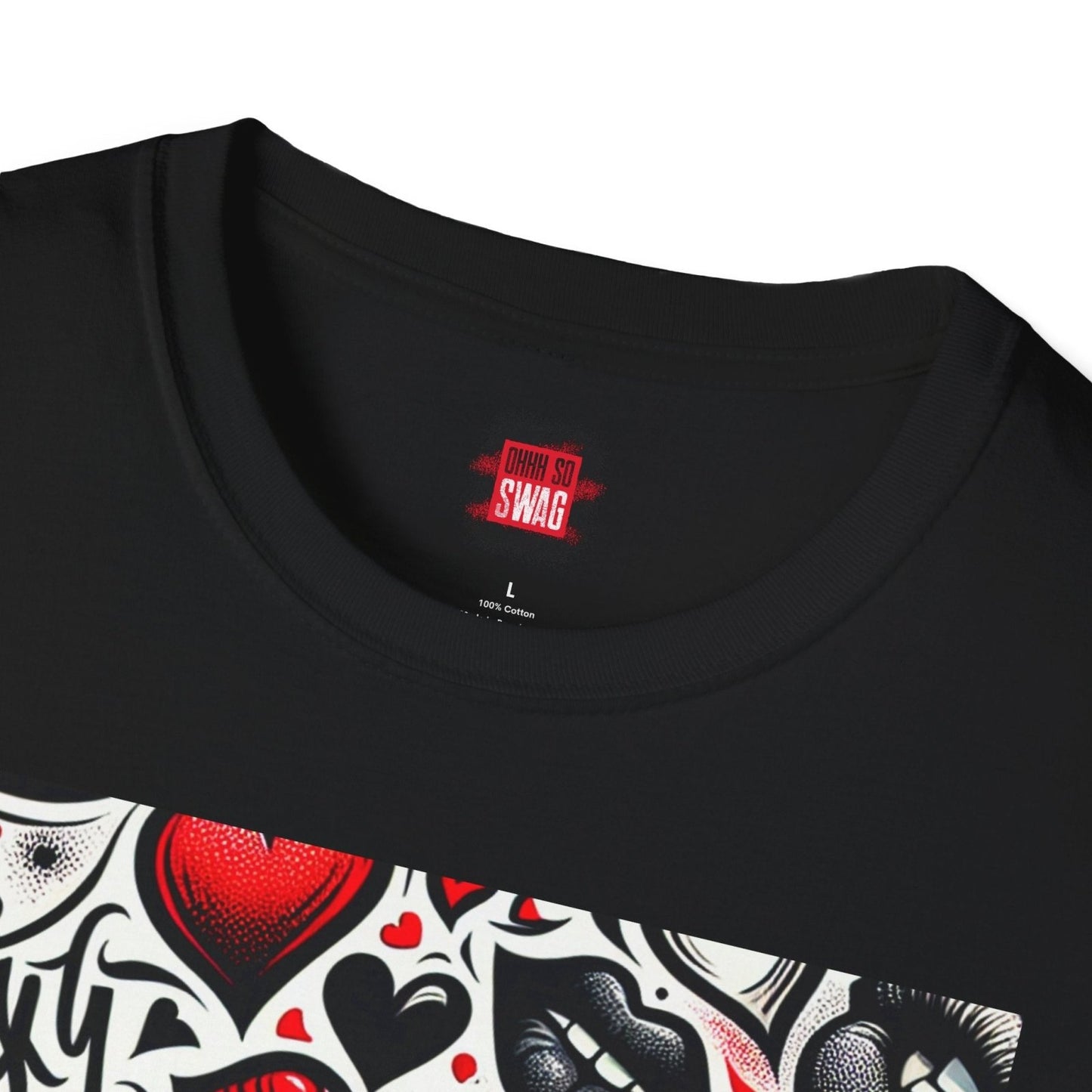 Casual Crewneck Black and Red Lips Shirt with Hearts, Sexy Flirt Lips T-Shirt | CA - Ohhh So Swag
