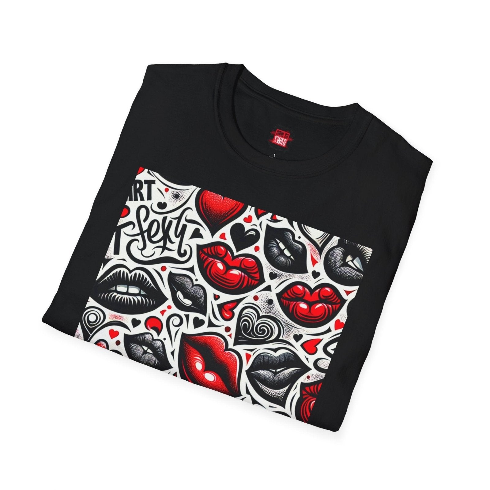 Casual Crewneck Black and Red Lips Shirt with Hearts, Sexy Flirt Lips T-Shirt | CA - Ohhh So Swag
