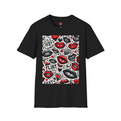 Casual Crewneck Black and Red Lips Shirt with Hearts, Sexy Flirt Lips T-Shirt | CA - Ohhh So Swag