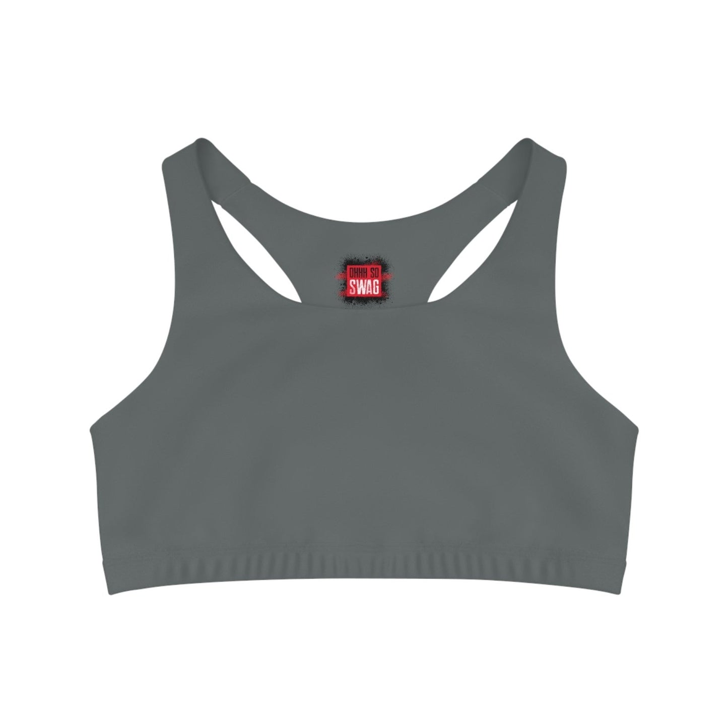 Dark Grey Sports Bra, Medium Support, Red Kiss Lips, Purple Heart - Love, Me. | US - Ohhh So Swag