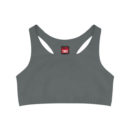 Dark Grey Sports Bra, Medium Support, Red Kiss Lips, Purple Heart - Love, Me. | US - Ohhh So Swag