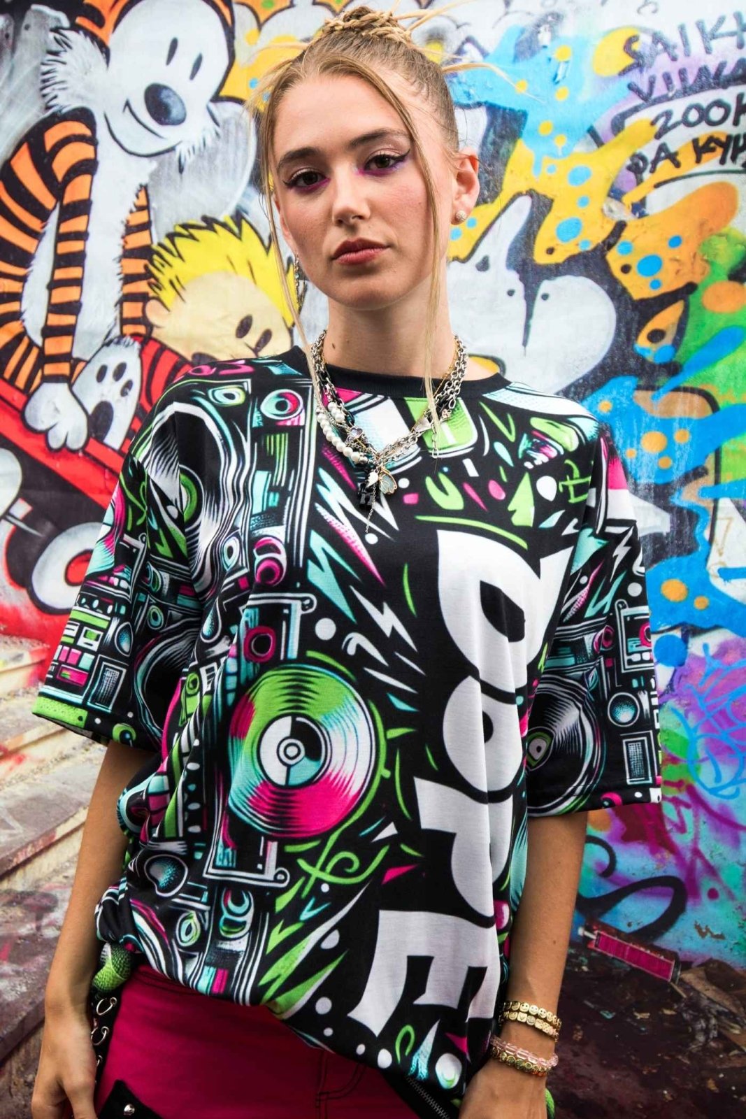 Dope 90s Hip Hop Graffiti Graphic Tee, Premium Retro Party Vibe Music Lover All - over Print T-shirt, Casual Crew Neck Shirt | US - Ohhh So Swag