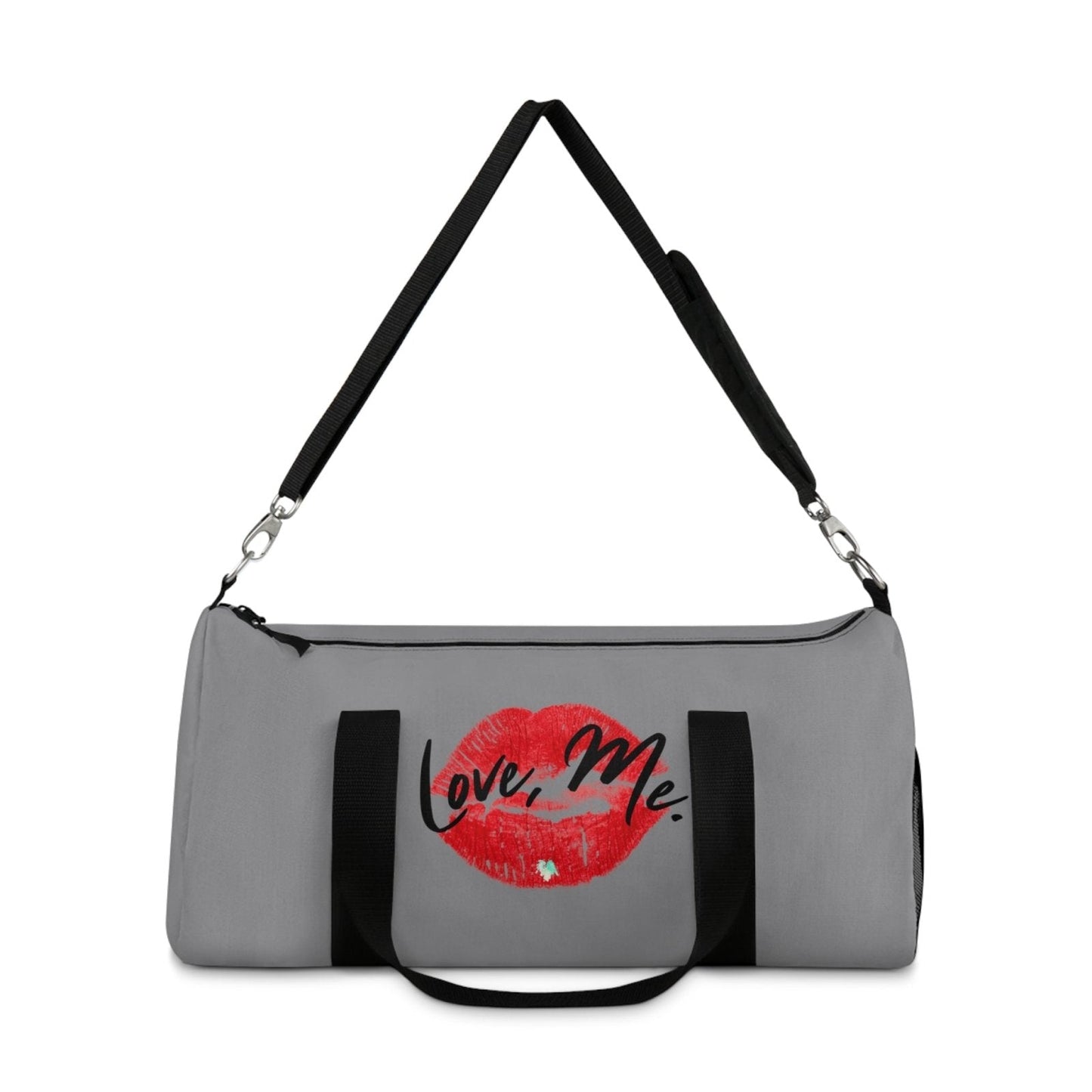Duffel Bag with Red Kiss Lips, Green Heart (Light Grey, Black) - Love, Me. | US - Ohhh So Swag