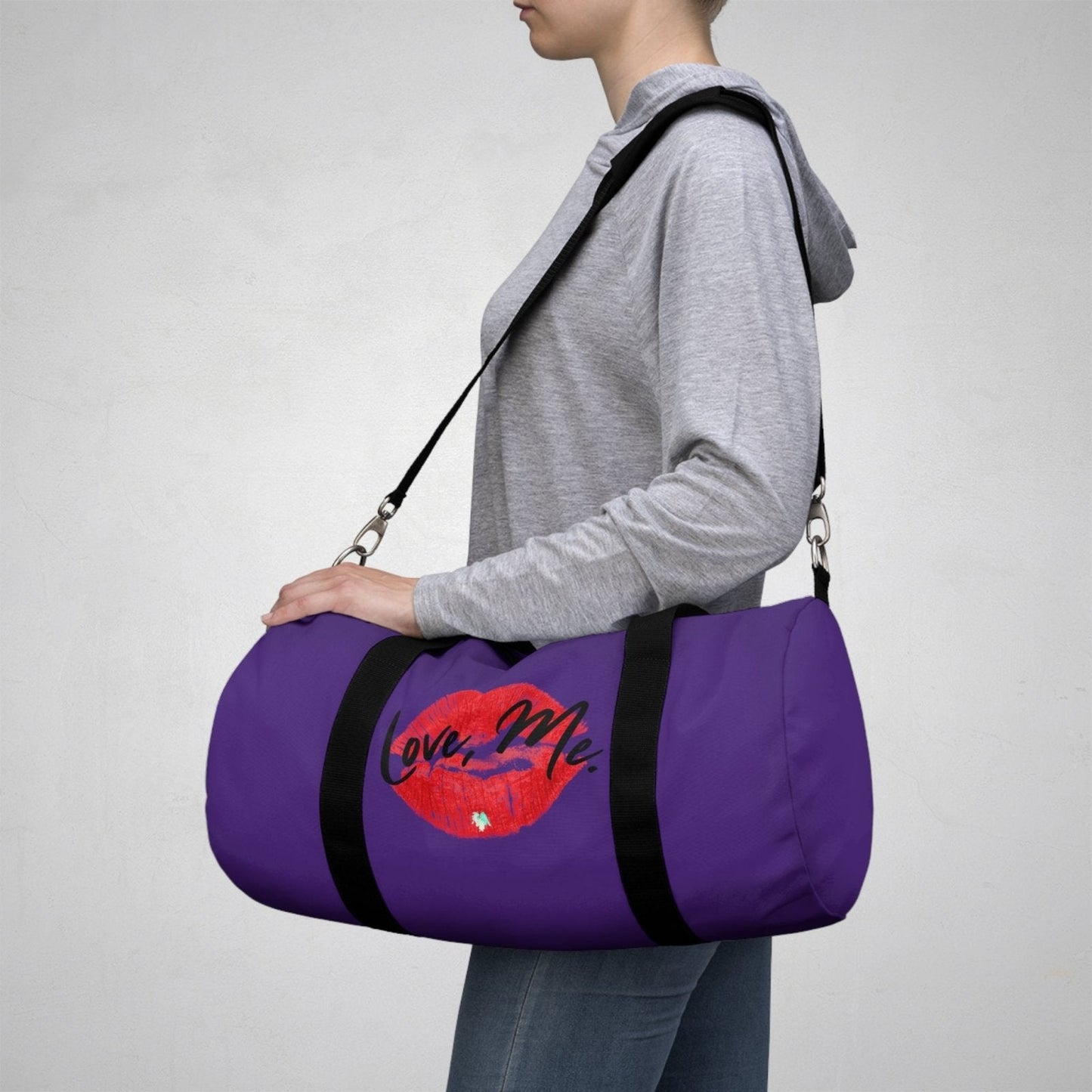 Duffel Bag with Red Kiss Lips, Green Heart (Purple) - Love, Me. | US