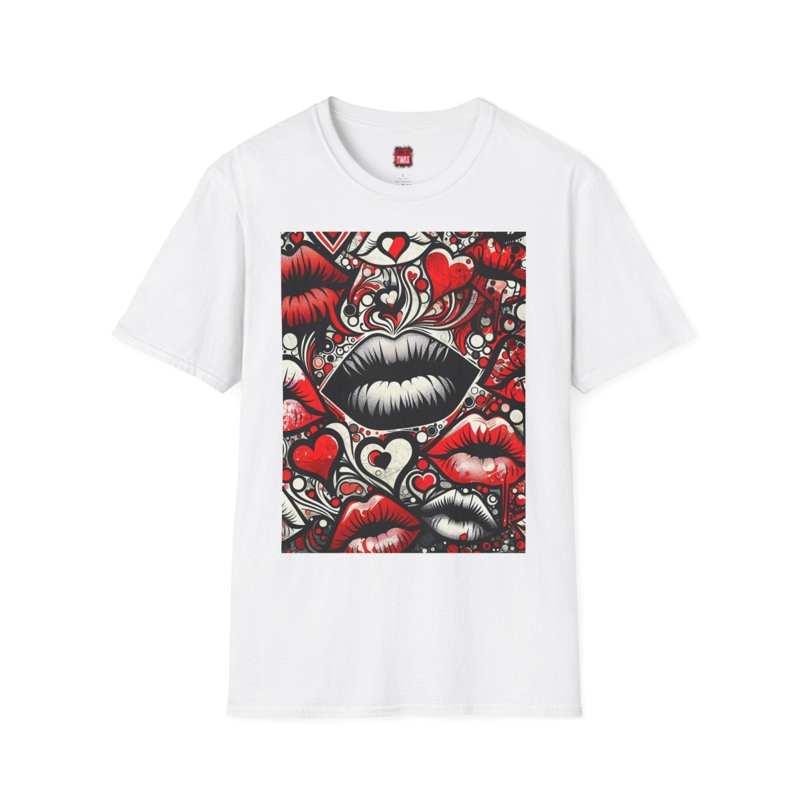 Flirty Love Themed Unisex Short Sleeve Crew Neck T-Shirt, Bold Lips and Hearts Graphic Tee, Trendy Unisex Kisses Valentines Shirt | CA - Ohhh So Swag