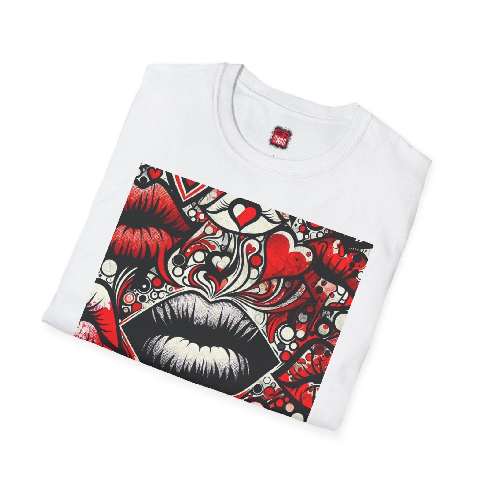 Flirty Love Themed Unisex Short Sleeve Crew Neck T-Shirt, Bold Lips and Hearts Graphic Tee, Trendy Unisex Kisses Valentines Shirt | CA - Ohhh So Swag