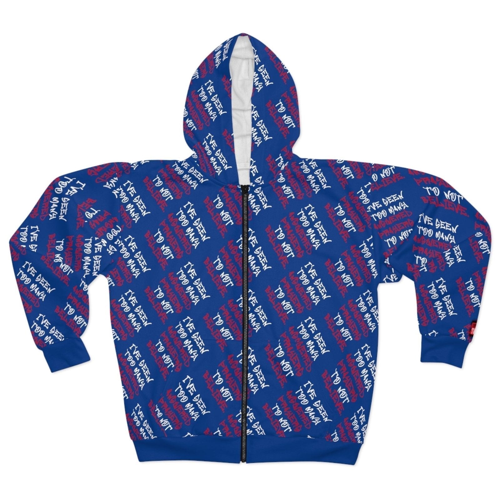 Graphic All - Over Print Full Zip Streetwear Hoodie, Dark Blue – I’ve Seen Too Many Answered Prayers to Not Believe | US - Ohhh So Swag