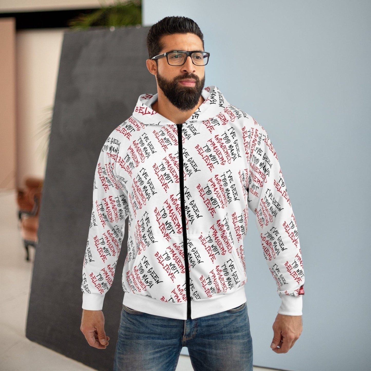 Graphic All-Over Print Full Zip Streetwear Hoodie, White – I’ve Seen Too Many Answered Prayers to Not Believe | US