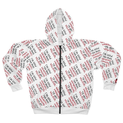 Graphic All-Over Print Full Zip Streetwear Hoodie, White – I’ve Seen Too Many Answered Prayers to Not Believe | US