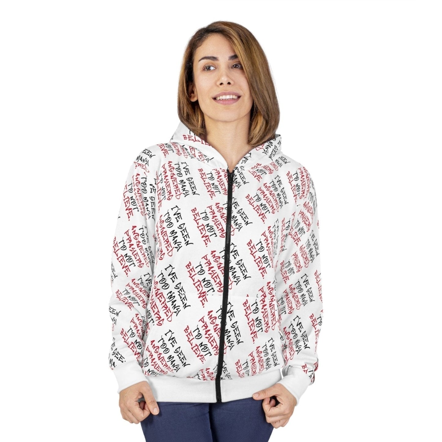 Graphic All-Over Print Full Zip Streetwear Hoodie, White – I’ve Seen Too Many Answered Prayers to Not Believe | US
